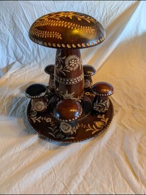 2/140$ Vintage Brown & Cream Hand carved Wooden Mushroom Spice storage stand